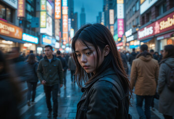 Fototapeta premium Depressed young girl in a busy, gloomy, crowded street at night