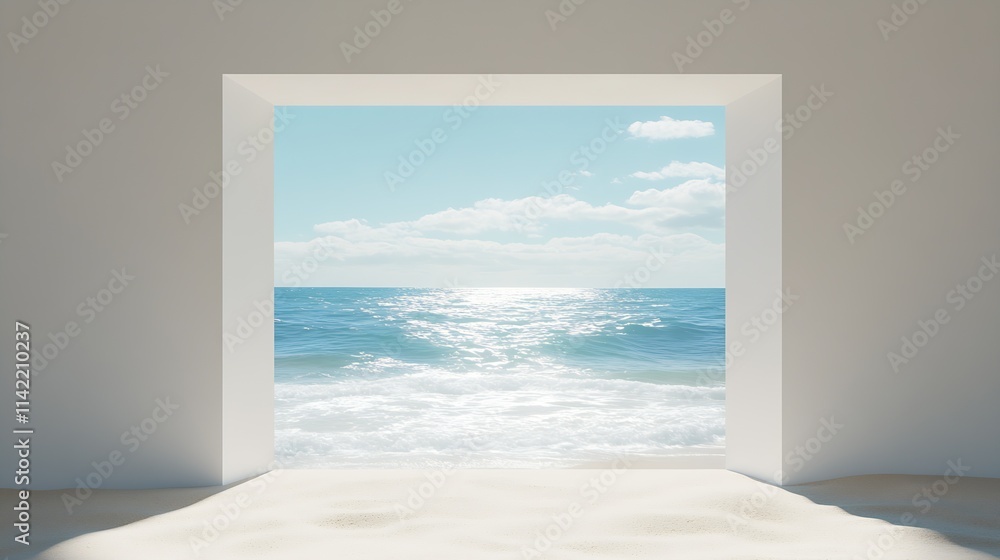 Poster tranquil seaside panorama through modern minimalist window design : generative ai