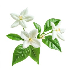 Fototapeta premium A jasmine flower with green leaves, against a white background