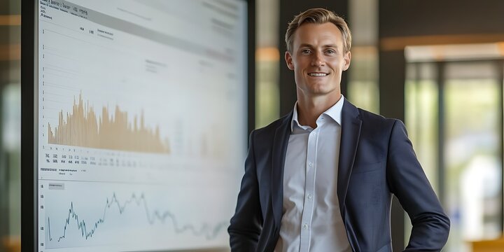 Portrait of a male financial advisor standing confidently in front of an investment portfolio chart, smiling, portrait shot, standing,
