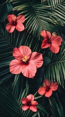 Tropical christmas wallpaper with palm leaves and hibiscus flowers, minimalist boho style. christmas wallpaper. Ultra realistic. Photorealistic