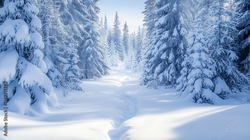 Poster serene winter wonderland pathway through snowcovered pine forest trees in daylight : generative ai