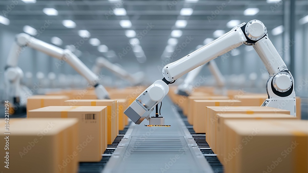 Poster automated efficiency: a futuristic vision of automation, featuring robotic arms diligently sorting p