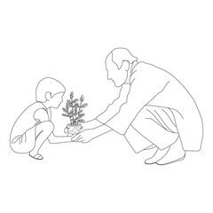 Old Man and child planting tree Line Art vector design. Old Man and child planting tree outline illustration design.