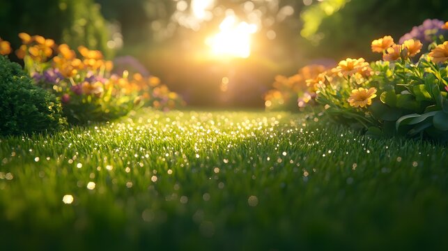 A perfectly manicured lawn glows at sunset, vibrant green grass and dew drops highlighted by golden hour sunlight, with a colorful flower border creating a suburban garden paradise.