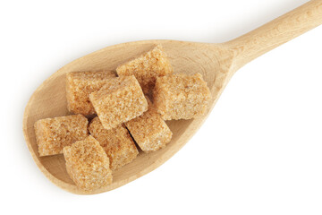 brown sugar in a wooden spoon isolated on white background. Top view. Flat lay