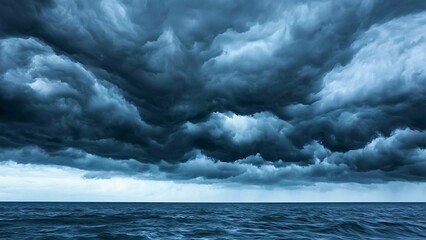 Stormy Seascape: A dramatic, ominous sky filled with dark, swirling clouds hangs low over the vast, choppy ocean, evoking a sense of impending tempest.