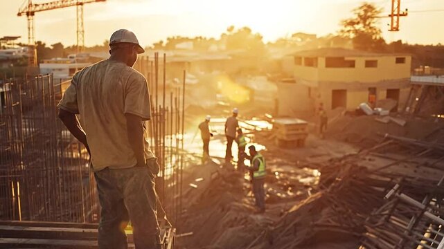 A construction worker in a helmet surveys an active construction site during sunset, creating a dramatic and atmospheric depiction of hard work and progress