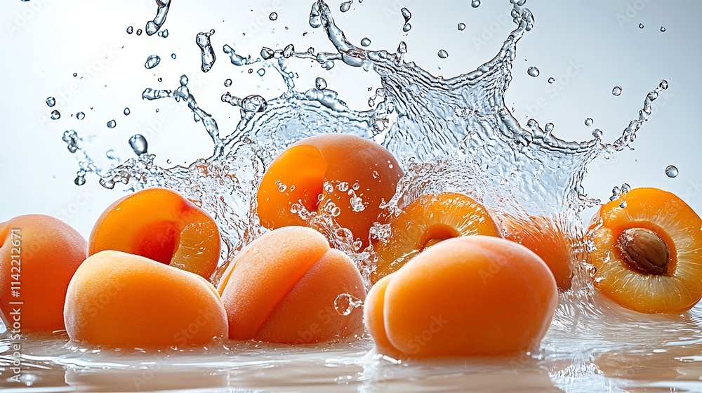 Poster fresh ripe apricots splashing in water for a refreshing summer fruit theme : generative ai