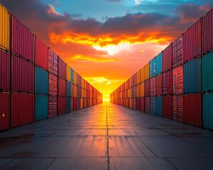 Fototapeta premium Colorful shipping containers lined up against a vivid sunset, showcasing vibrant hues, industrial charm, and urban landscape, cinematic composition, ultrarealistic lighting