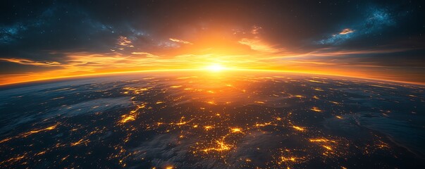 Fototapeta premium Earth at dawn, with glowing city lights and natural beauty beneath the sunrise, symbolizing hope, renewal, and global unity, vibrant colors, cinematic depth