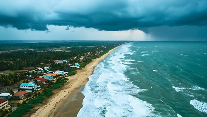 Stormy Coastline: An aerial view captures the raw power of nature as a dark storm cloud hangs over a tropical coastline.  The relentless waves crash against the sandy shore.