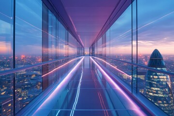 Elevated glass walkway, city lights, twilight sky.