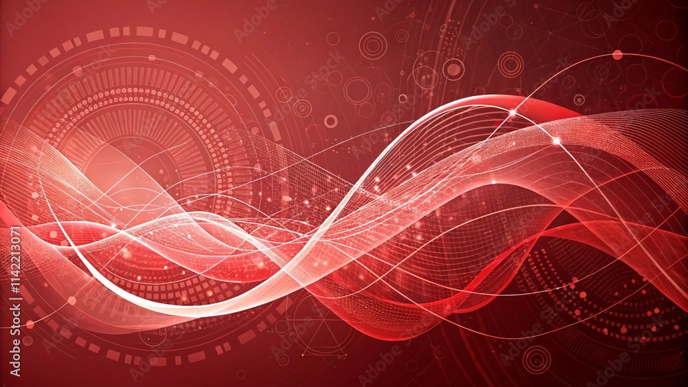 Poster abstract red background with dynamic curves and waves of digital technology