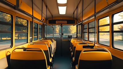 Interior of Yellow City Bus with Scenic Autumn Park View through Windows : Generative AI