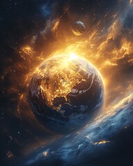 Earth bathed in radiant sunlight, with cosmic elements like asteroids and stars, representing the awe and beauty of our planet, surreal cosmic setting