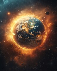 Obraz premium Earth bathed in radiant sunlight, with cosmic elements like asteroids and stars, representing the awe and beauty of our planet, surreal cosmic setting
