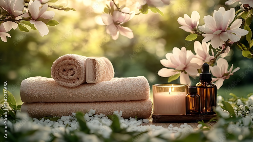 Poster tranquil spa setting with soft towels candles and blossoms amidst greenery : generative ai