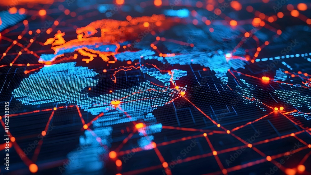 Poster global network: a close-up abstract view of a glowing world map, interconnected by a network of red 