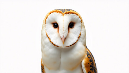 Naklejka premium Close-Up Portrait of a Barn Owl with White and Golden Feathers on White Background
