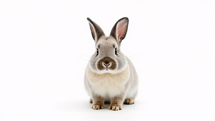 Obraz premium Adorable Gray Bunny Sitting on White Background, Cute Rabbit Looking Forward