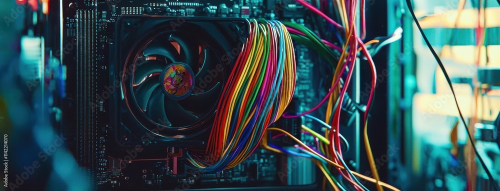 Poster computer fan is surrounded by colorful wires