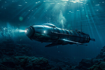 Beautiful large bathyscaphe floating in middle of ocean during exploration