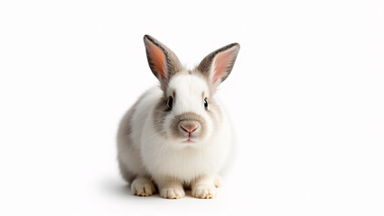 Obraz premium Adorable White and Gray Bunny Sitting on White Background, Cute Rabbit Portrait