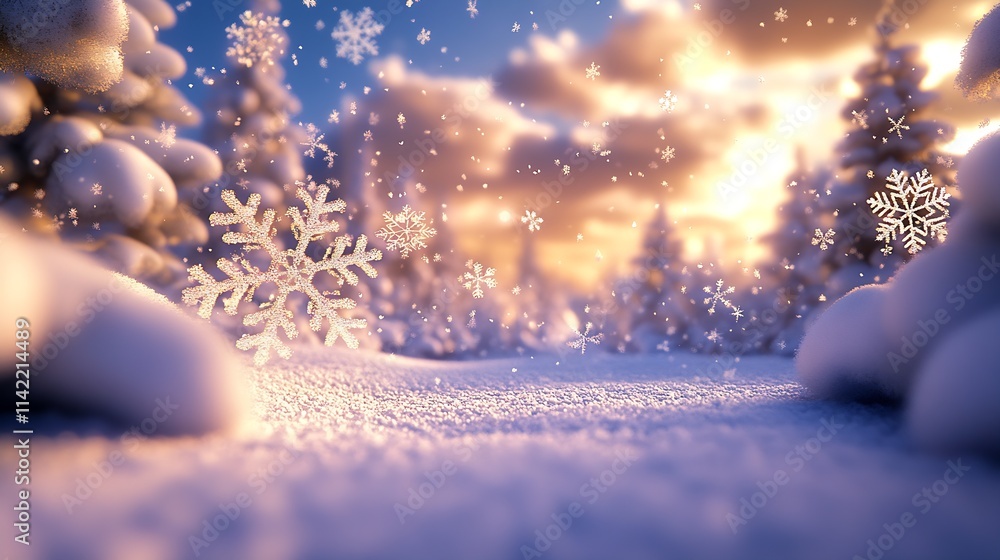Poster enchanting snow covered forest scene with glittering snowflakes at twilight : generative ai