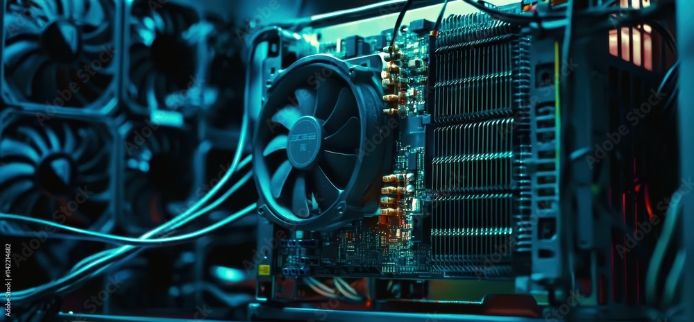 Poster Computer fan sits on top of a computer processor