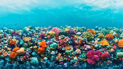 Fototapeta premium Vibrant Underwater Paradise: A breathtaking panorama of a coral reef teeming with life, bursting with vibrant hues and intricate details. A kaleidoscope of color and texture.