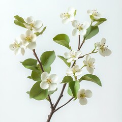 Obraz premium A branch of white pear blossoms, with green leaves and buds on the branches, isolated against a pure white background.
