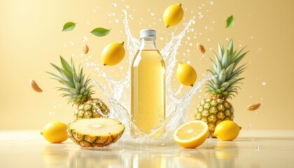 Fototapeta premium Refreshing pineapple and lemon splash with almonds and leaves