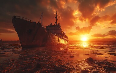 Fototapeta premium Ship stranded on droughtstricken earth under a glowing sunset, conveying the environmental impact of climate change, hyperrealistic details, cinematic perspective