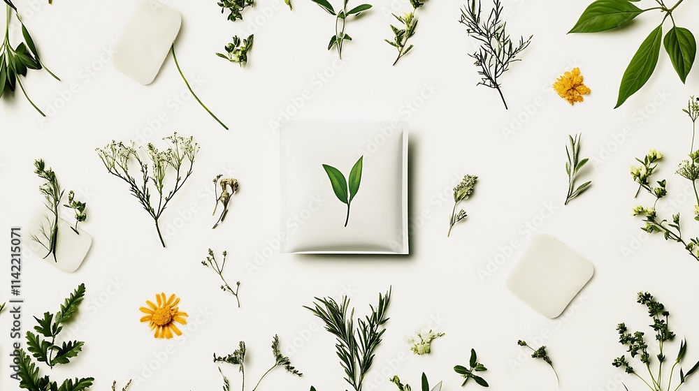 Poster Elegant Botanical-Style Soap Box Design with Assorted Fresh Herbs : Generative AI