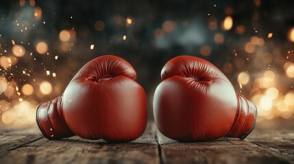 A dramatic display of two red boxing gloves meeting amid a backdrop filled with sparks, creating a dynamic scene full of energy, motion, and competitive spirit.