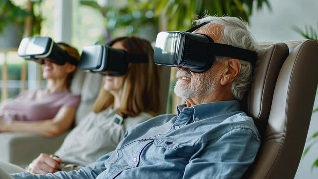 This Three individuals wearing VR headsets experience immersive therapy in a tranquil clinic setting.