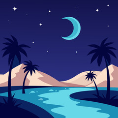 Beautiful Night Oasis Scene with Calm Water and Starry Desert Sky