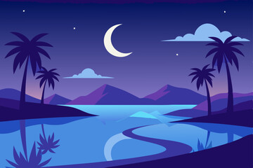Beautiful Night Oasis Scene with Calm Water and Starry Desert Sky