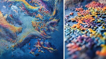 An intricate jigsaw puzzle laid out on a vibrant blue surface, creating a captivating abstract work of art. The vibrant hues of the background blend seamlessly with the puzzle pieces