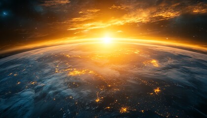 Sunrise over Earth, with glowing cities and vibrant natural landscapes, symbolizing hope and renewal on a global scale, cinematic lighting, highdefinition clarity