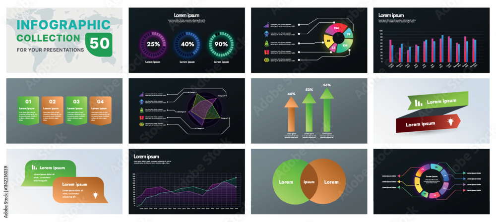 Poster a comprehensive infographic set with modern design elements, including charts, flowcharts, and icons