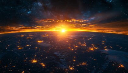 Naklejka premium Sunrise over the planet Earth, glowing cities and breathtaking nature, symbolizing global hope and renewal, vibrant hues, photorealistic texture and lighting