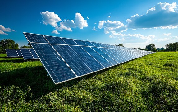 Sustainable solar panel farm in a vibrant green field, perfect blue sky above, showcasing renewable energy solutions for agriculture, cinematic composition - Powered by Adobe