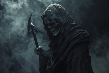 Obraz premium Scary grim reaper with sharp scythe in hell with dramatic background