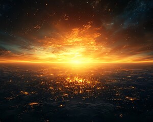 A breathtaking sunrise over Earth, with illuminated cities and lush landscapes, symbolizing hope and global renewal, soft golden light, ultrarealistic textures