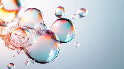A dynamic composition showcasing vibrant bubbles coalescing in a rainbow of hues, forming a dynamic liquid cascade with striking light reflections.