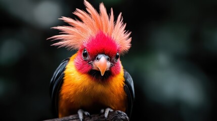 A vividly colorful bird with an impressive red and orange plumage, displaying a spirited expression as it perches on a branch amid lush greenery.