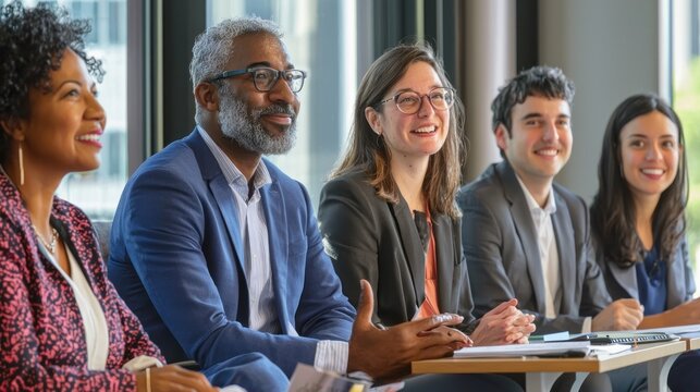 5. A professional panel discussion with speakers of different ethnicities and genders, promoting diversity.