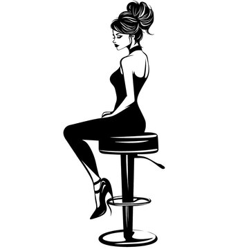 recommend clip art: Elegant woman in black dress sitting on bar stool.